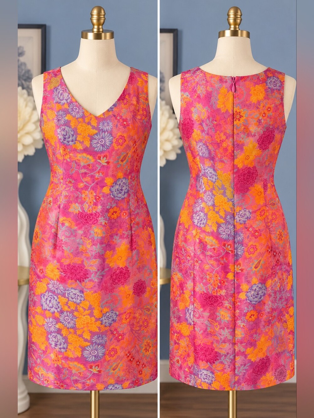 Robbie Bee Vintage 100% Silk Floral Sheath Dress Size 14 / XL